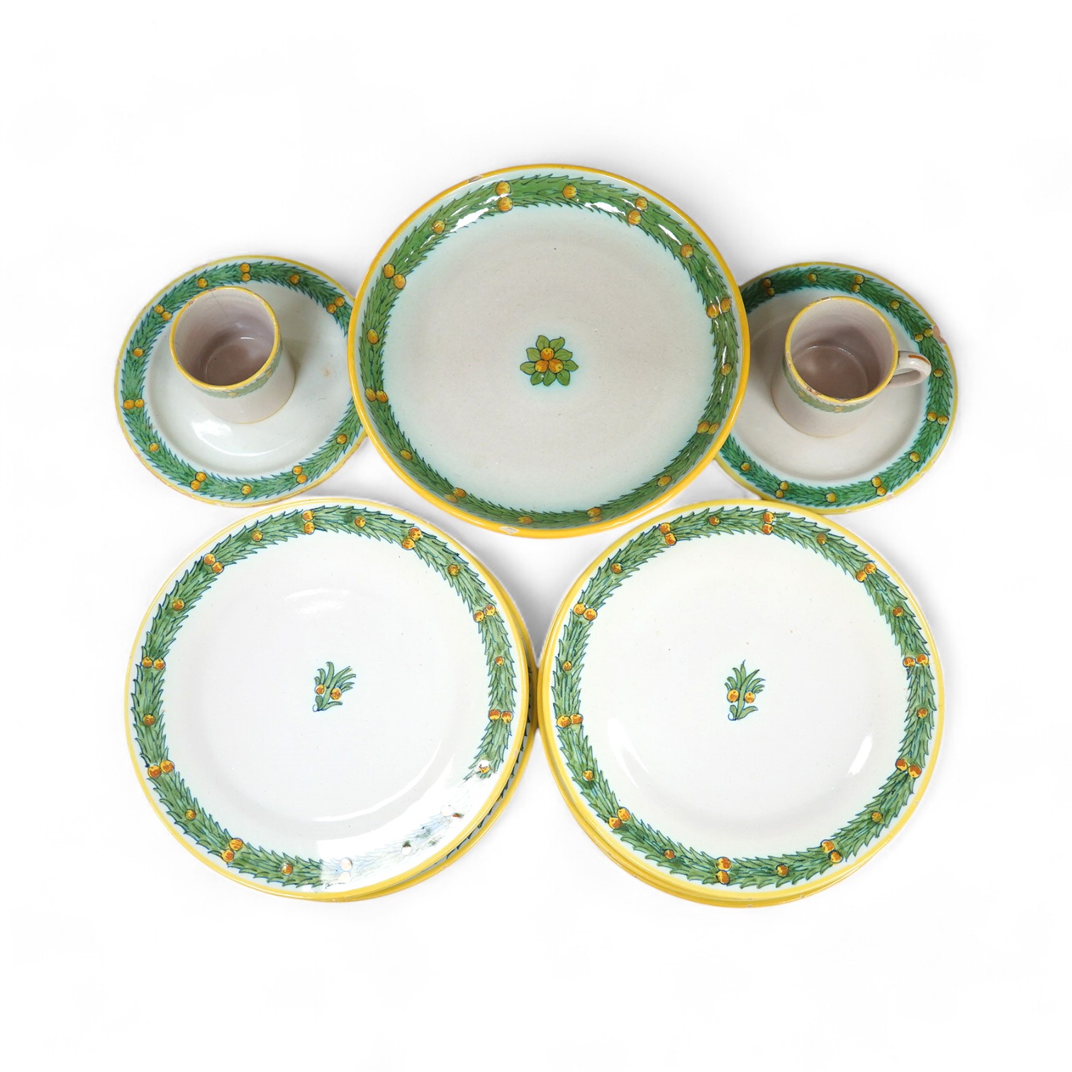 A Cantagalli part breakfast set, comport 20cm diameter. Condition - two cups chipped and cracked. Some small manufacturing faults in the glaze on some plates and minor chip to base comport.